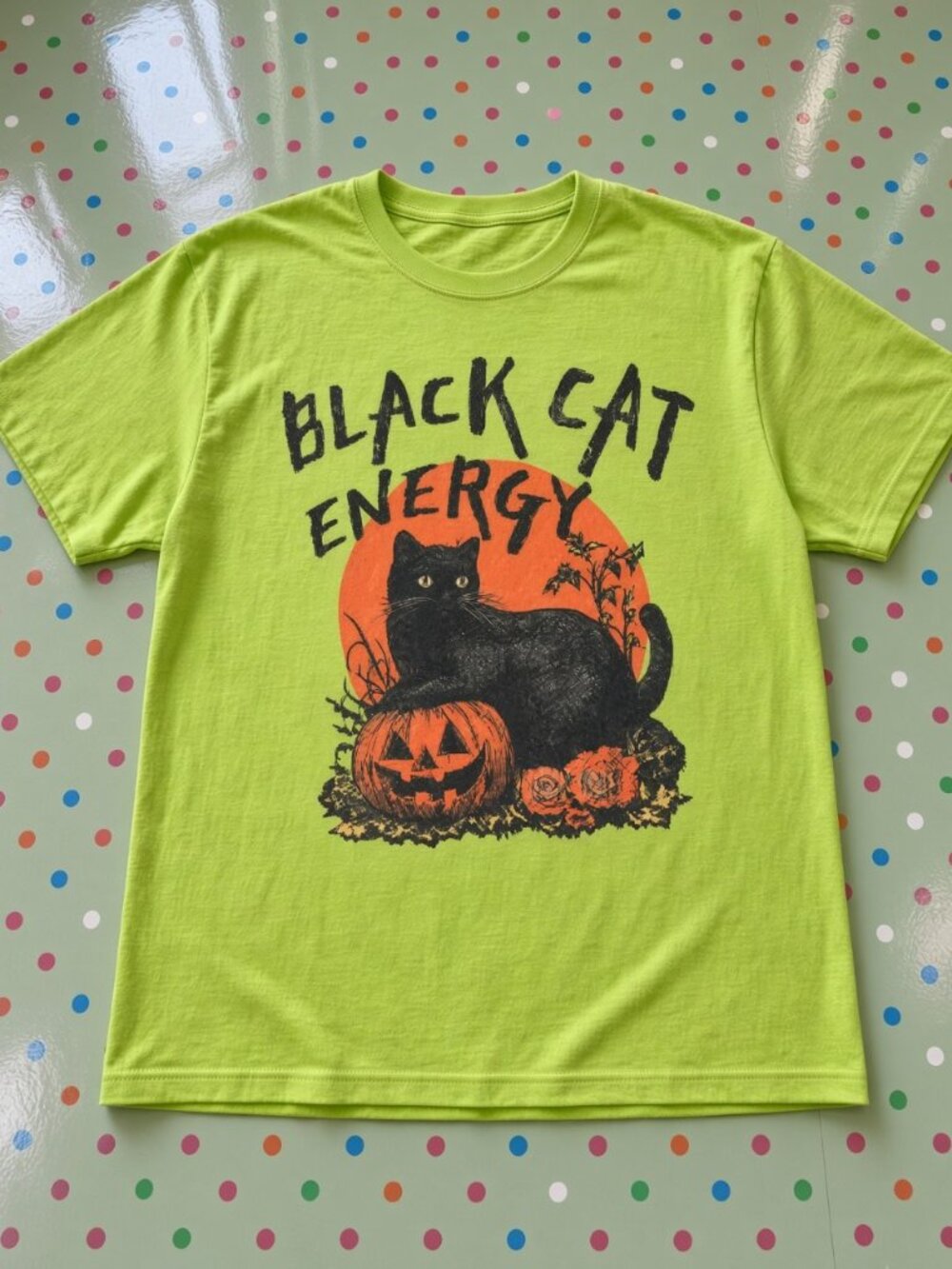 Black Cat Energy Tee Lime Gildan Cotton Halloween Graphic Shirt